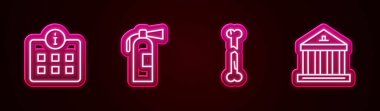 Hat bilgisi, yangın söndürücü, kırık kemik ve müze binası. Parlayan neon ikonu. Vektör