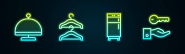 Hattı tepsi, gardırop, buzdolabı ve otelin kapı kilidiyle kaplayın. Parlayan neon ikonu. Vektör