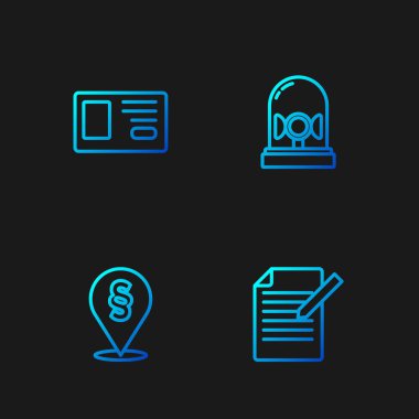 Belge ve kalem, konum yasası, kimlik kartı ve siren ayarlayın. Renk simgeleri. Vektör