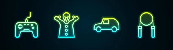 Set line Gamepad, Toy puppet doll on hand, car and Jump rope. Glowing neon icon. Vector — 스톡 벡터