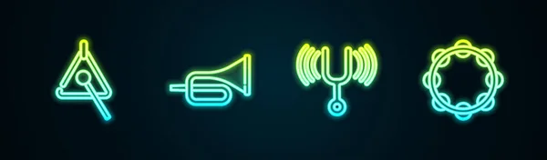 Set line Triangle, Trumpet, Musical tuning fork and Tambourine. Glowing neon icon. Vector — 스톡 벡터