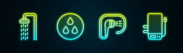 Set lijn Douche, Waterdruppel, en elektrische boiler. Een gloeiend neon icoon. Vector — Stockvector