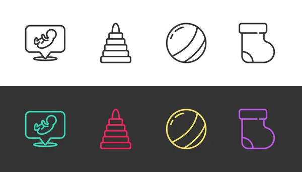 Set line Baby, Pyramid toy, Beach ball and socks clothes on black and white. Vector — 스톡 벡터