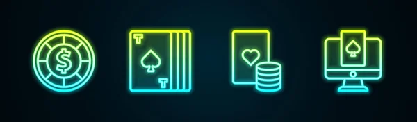 Kumarhane fişleri, iskambil kağıtları ve Online poker masası oyunu. Parlayan neon ikonu. Vektör — Stok Vektör