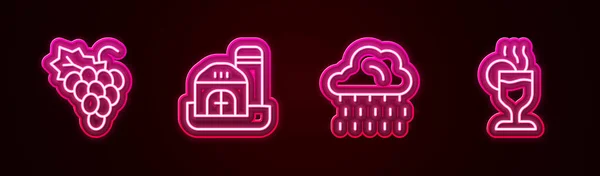 Set line Traubenobst, Bauernhaus, Wolke mit Regen und Glühwein. Leuchtende Leuchtschrift. Vektor — Stockvektor