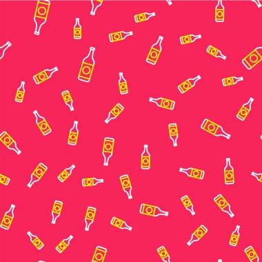 Çizgili bira şişesi ikonu kırmızı arka planda izole edilmiş pürüzsüz desen. Vektör