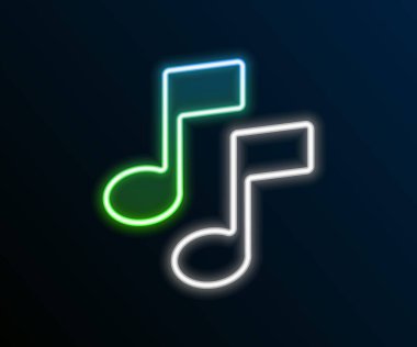 Parlayan neon çizgisi Müzik notası, ton simgesi siyah arkaplanda izole. Renkli taslak konsepti. Vektör