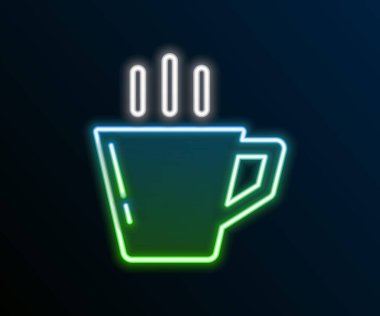 Parlayan neon hattı kahve fincanı simgesi siyah arka planda izole edilmiş. Çay fincanı. Sıcak içecek kahvesi. Renkli taslak konsepti. Vektör