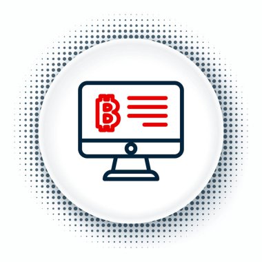 Beyaz arka planda izole edilmiş monitör simgesinden çizgi madenciliği bitcoin. Kripto para birimi madenciliği, engelleme zinciri teknoloji servisi. Renkli taslak konsepti. Vektör