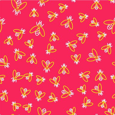 Çizgi Arısı simgesi kırmızı arkaplanda izole edilmiş. Tatlı doğal yemek. Bal arısı ya da kanat sembollü apis. Uçan böcek. Vektör