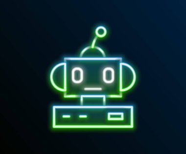 Parlayan neon hattı robot oyuncak ikonu siyah arka planda izole edildi. Renkli taslak konsepti. Vektör