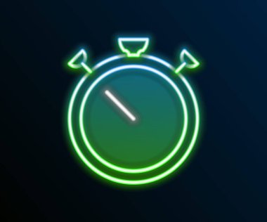 Parlayan neon hattı Stopwatch simgesi siyah arkaplanda izole edildi. Zaman göstergesi. Kronometre işareti. Renkli taslak konsepti. Vektör