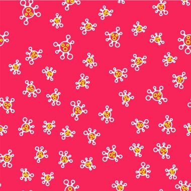 Molekül simgesi kırmızı arkaplanda izole edilmiş. Kimya moleküllerinin yapısı, fen öğretmenlerinin yenilikçi eğitim posteri. Vektör