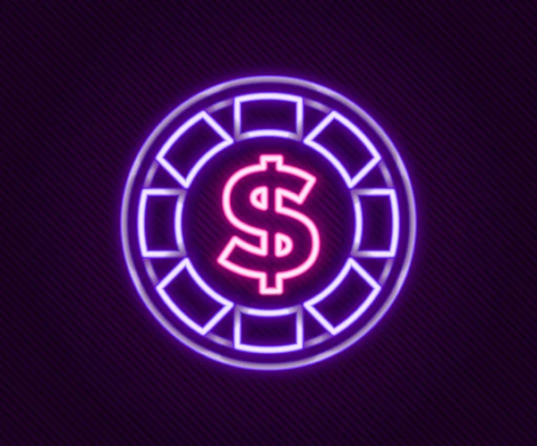 Linea al neon luminoso Casino chip con icona simbolo del dollaro isolato su sfondo nero. Gioco d'azzardo. Concetto di contorno colorato. Vettore — Vettoriale Stock