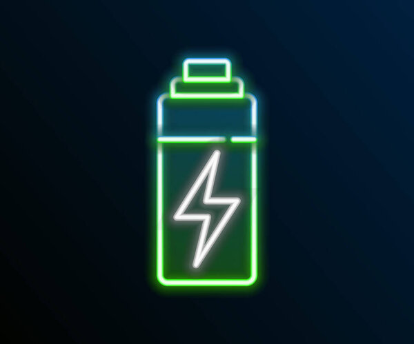 Glowing neon line Battery icon isolated on black background. Lightning bolt symbol. Colorful outline concept. Vector