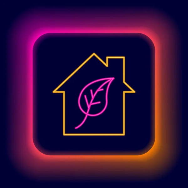 Leuchtende Leuchtschrift Eco friendly house icon isoliert auf schwarzem Hintergrund. Ökohaus mit Blatt. Buntes Rahmenkonzept. Vektor — Stockvektor