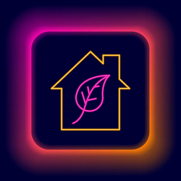 Gloeiende neon lijn Milieuvriendelijk huis pictogram geïsoleerd op zwarte achtergrond. Eco huis met blad. Kleurrijk concept. Vector — Stockvector