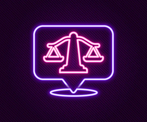 Brillante línea de neón Escalas de justicia icono aislado sobre fondo negro. Símbolo del tribunal. Signo de balanza. Concepto de esquema colorido. Vector — Vector de stock