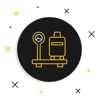 Beyaz arkaplanda izole edilmiş bavul simgesiyle çizgi ölçeklendirmesi. Lojistik ve teslimat. Dağıtım paketinin ağırlığı bir ölçekte. Renkli taslak konsepti. Vektör