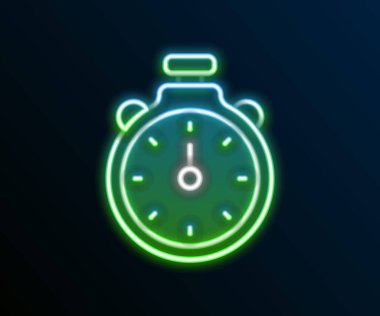 Parlayan neon hattı Stopwatch simgesi siyah arkaplanda izole edildi. Zaman göstergesi. Kronometre işareti. Renkli taslak konsepti. Vektör