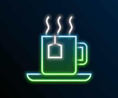 Siyah arka planda izole edilmiş çay poşeti ikonu olan parlak neon çizgili bir fincan çay. Renkli taslak konsepti. Vektör