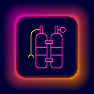 Parlayan neon hattı Aqualung simgesi siyah arkaplanda izole edildi. Dalgıçlar için oksijen tüpü. Dalış ekipmanları. Olağanüstü bir spor. Spor malzemeleri. Renkli taslak konsepti. Vektör