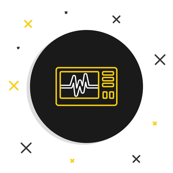 Line Computermonitor mit Kardiogramm-Symbol isoliert auf weißem Hintergrund. Überwachungssymbol. EKG-Monitor mit von Hand gezogenem Herzschlag. Buntes Rahmenkonzept. Vektor — Stockvektor