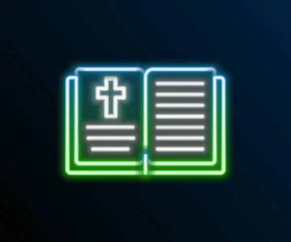 Ligne lumineuse néon Icône de livre de bible sainte isolé sur fond noir. Concept de contour coloré. Vecteur — Image vectorielle