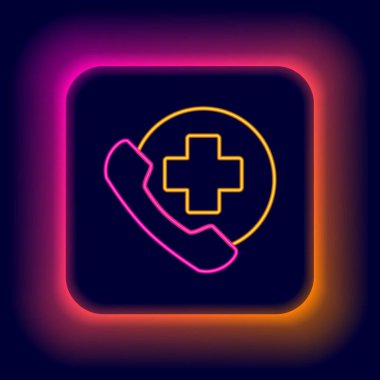 Siyah arka planda parlayan neon hattı hastane ikonuna acil durum çağrısı var. Renkli taslak konsepti. Vektör