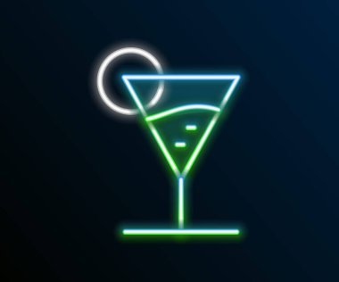 Parlayan neon hattı Martini cam ikonu siyah arka planda izole edildi. Kokteyl ikonu. Şarap kadehi ikonu. Renkli taslak konsepti. Vektör