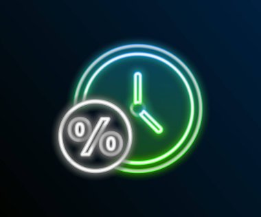 Parlak neon çizgili saat ve yüzde ikon siyah arkaplanda izole. Renkli taslak konsepti. Vektör