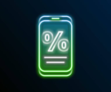 Siyah arkaplanda parlayan neon hattı yüzde indirimi ve cep telefonu simgesi izole edildi. Satış yüzdesi - fiyat etiketi, etiket. Renkli taslak konsepti. Vektör