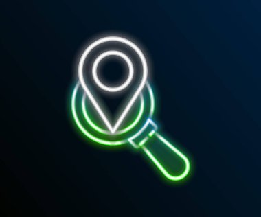 Parlayan neon hattı arama konumu simgesi siyah arkaplanda izole edildi. İşaretli büyüteç. Renkli taslak konsepti. Vektör