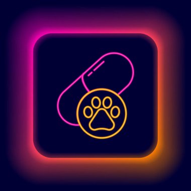 Parlayan neon hattı köpek hapı ikonu siyah arka planda izole edildi. Hayvan için reçeteli ilaç. Renkli taslak konsepti. Vektör