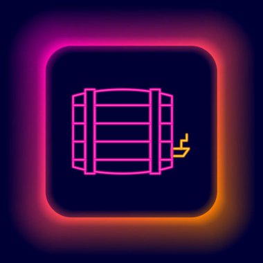 Parlayan neon hattı ahşap varil ikonu siyah arka planda izole edildi. Alkol fıçısı, içki kabı, bira için tahta fıçı, viski, şarap. Renkli taslak konsepti. Vektör