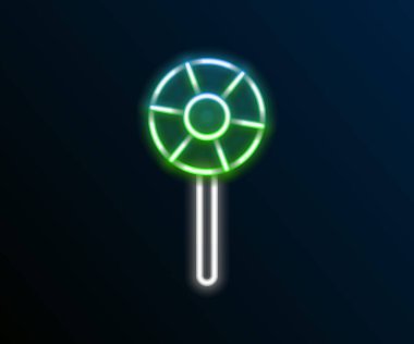 Parlayan neon hattı lolipop simgesi siyah arkaplanda izole edildi. Şeker işareti. Yemek, lezzetli bir sembol. Renkli taslak konsepti. Vektör