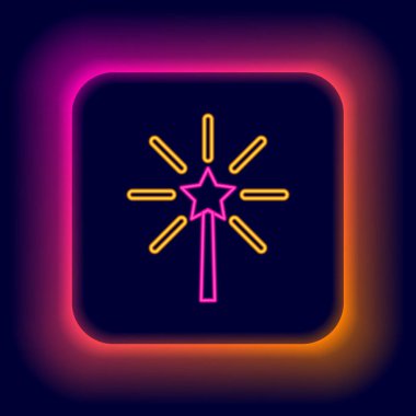 Parlayan neon hattı Firework simgesi siyah arkaplanda izole edildi. Eğlence partisi anlayışı. Patlayıcı havai fişek sembolü. Renkli taslak konsepti. Vektör