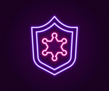 Parlayan neon hattı polis rozeti ikonu siyah arka planda izole edildi. Şerif rozeti. Renkli taslak konsepti. Vektör