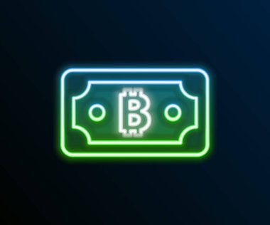 Parlayan neon hattı Kripto para birimi bitcoin simgesi siyah arkaplanda izole edildi. Engelleme teknolojisi, dijital para piyasası. Renkli taslak konsepti. Vektör