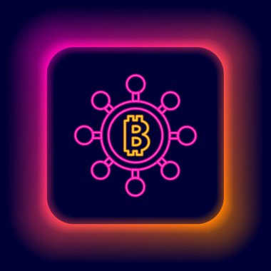 Parlayan neon hattı Blockchain teknolojisi Bitcoin simgesi siyah arkaplanda izole edildi. Soyut geometrik blok zincir ağ teknolojisi işi. Renkli taslak konsepti. Vektör