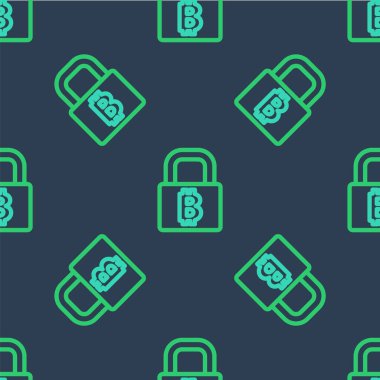 Hat Kilidi ve bitcoin simgesi mavi arka planda izole edilmiş kusursuz desen. Kripto para madenciliği, engelleme teknolojisi, güvenlik, koruma, dijital para. Vektör