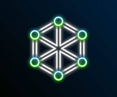 Parlayan neon hattı Blockchain teknolojisi simgesi siyah arkaplanda izole edildi. Kripto para birimi verileri. Soyut geometrik blok zincir ağ teknolojisi işi. Renkli taslak konsepti. Vektör