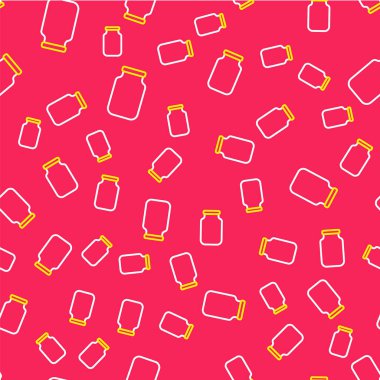 Line Glass jar with screw-cap icon isolated seamless pattern on red background.  Vector