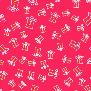 Line Toy puppet doll on hand icon isolated seamless pattern on red background.  Vector