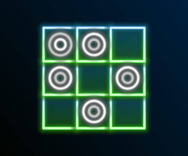 Siyah arkaplanda parlayan neon çizgi oyunu Checkers simgesi izole edildi. Antik entelektüel masa oyunu. Satranç tahtası. Beyaz ve siyah cipsler. Renkli taslak konsepti. Vektör