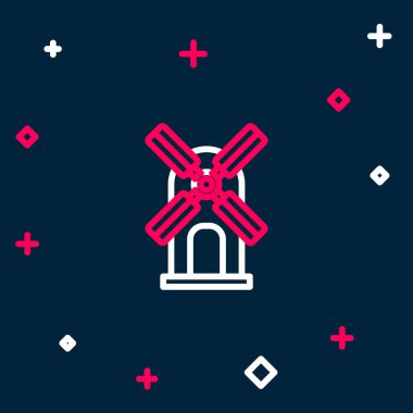 Hat rüzgar türbini simgesi mavi arkaplanda izole edildi. Rüzgar jeneratörü işareti. Elektrik üretimi için yel değirmeni. Renkli taslak konsepti. Vektör