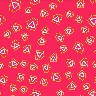 Geri dönüşüm sembolü simgesi olan Line Eco House kırmızı arka planda izole edilmiş pürüzsüz desen. Geri dönüşüm oklarıyla ekoloji evi. Vektör