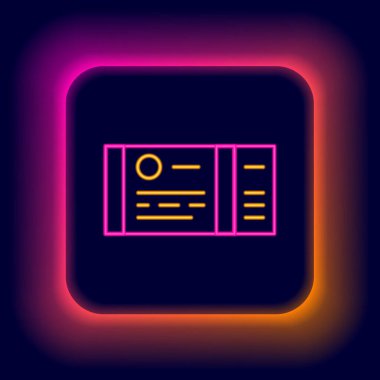 Parlayan neon hattı tren bileti ikonu siyah arka planda izole edildi. Demiryolu ile seyahat et. Renkli taslak konsepti. Vektör
