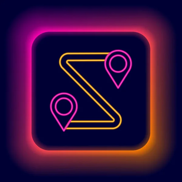 Ragyogó Neon Vonal Útvonal Helyét Ikon Elszigetelt Fekete Háttér Térképes — Stock Vector