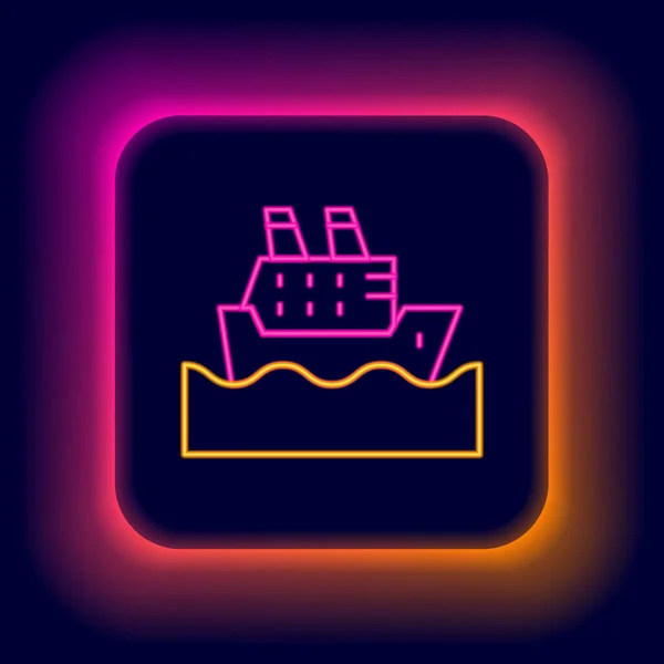Świecąca Neonowa Linia Statek Wycieczkowy Ikonie Oceanu Odizolowany Czarnym Tle — Wektor stockowy